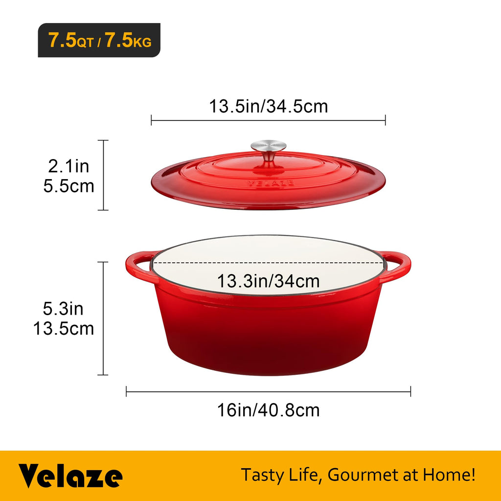 7.5 QT Oval Enameled Cast Iron Dutch Oven Pot with Lid,Red