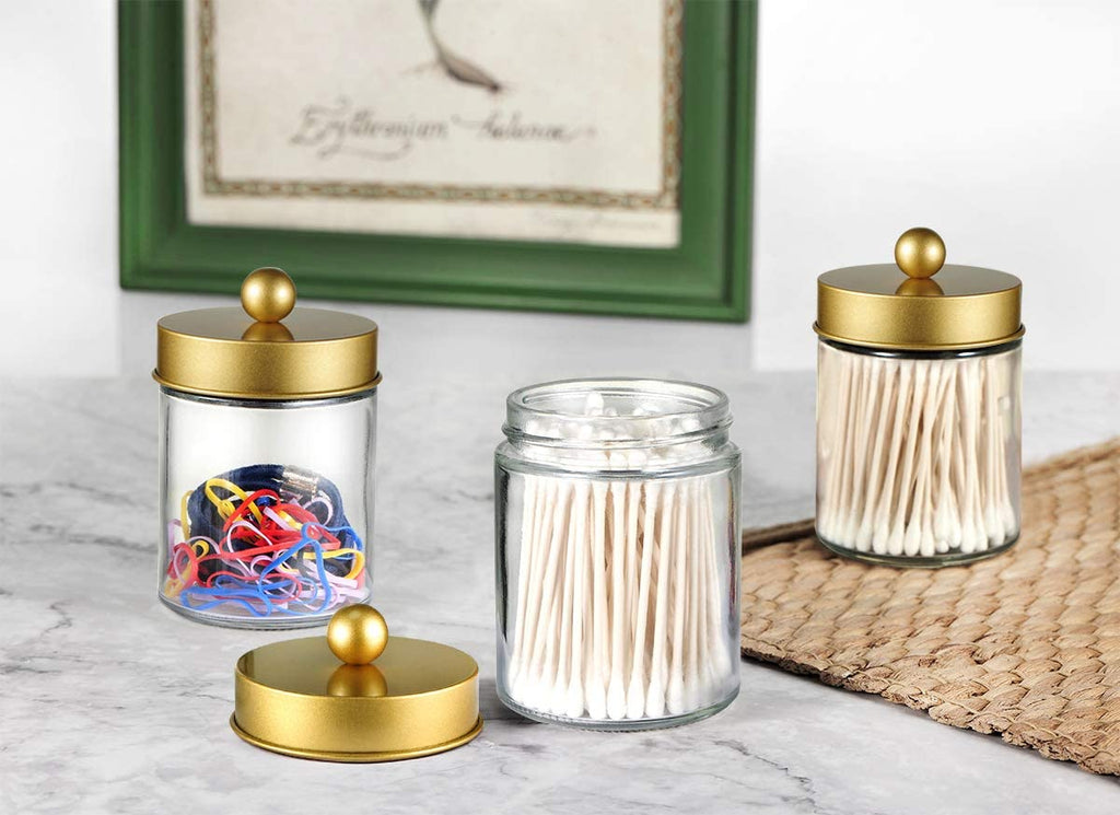 Glass Apothecary Jar Qtip Holder Metal Lids 4pc/Gold