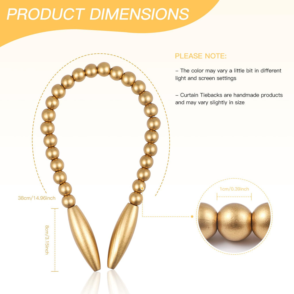 Wood Bead Curtain Tiebacks 2 Pack, No Drill Curtain Holdbacks, Gold