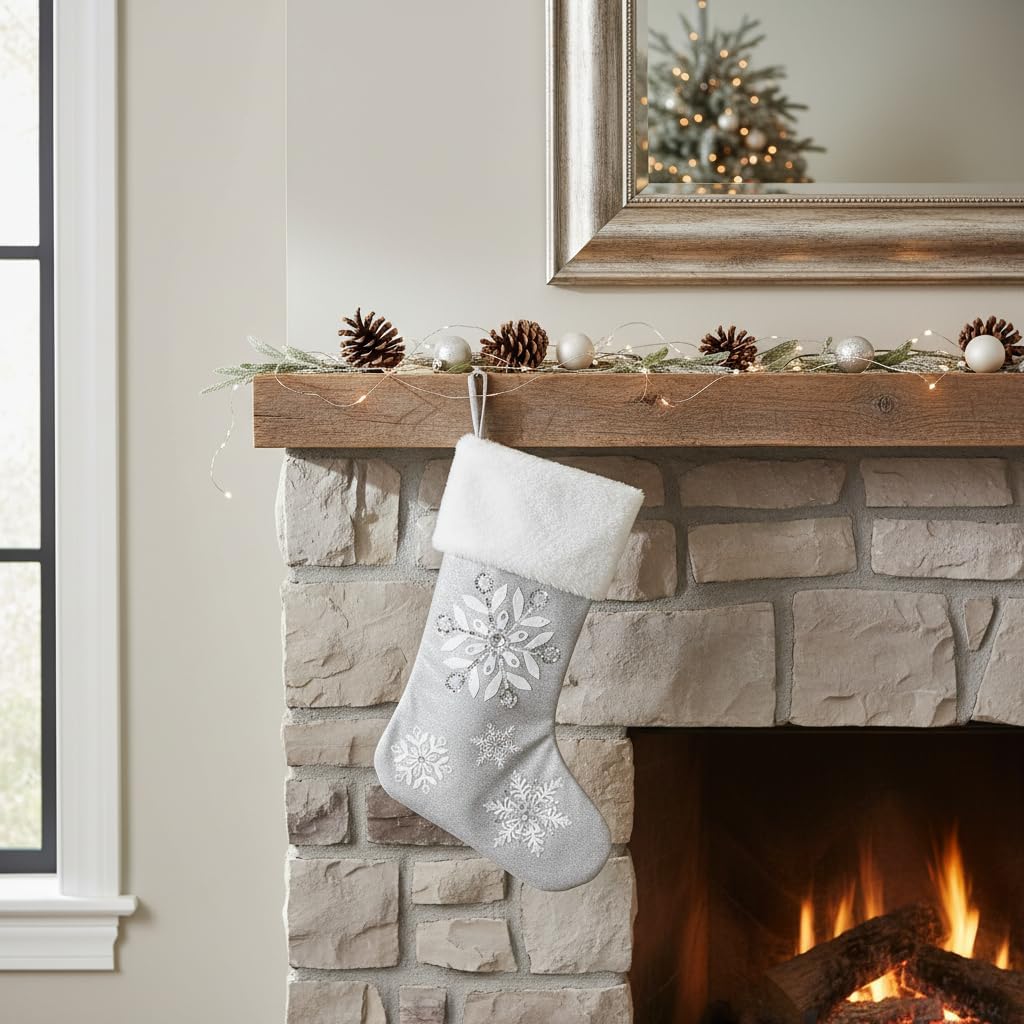 18" Silver Snowflake Christmas Stocking, Elegant Sequin Embroidery with Faux Fur Trim, Sophisticated Holiday Mantel