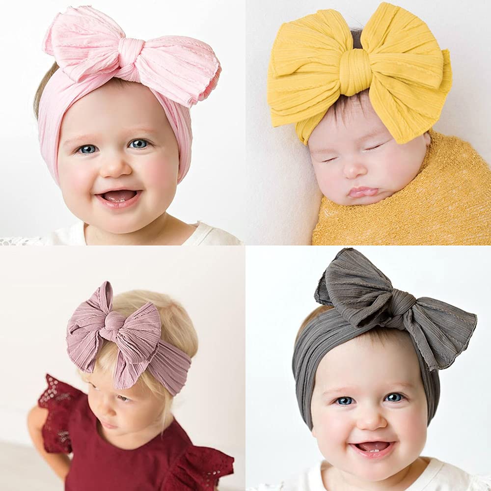 Baby Big Hair Bow Head Wrap, Turban Knotted Knitted Headbands, Soft Silk Stretchy Hair Bands 9PCS for Newborn Infant