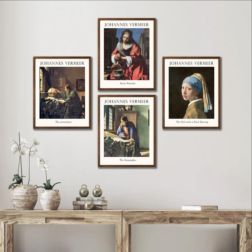 Set of 4 Baroque Art Framed Prints - 8x10 Wall Art Posters Girl With a Pearl Earring Artwork Reproduction Johannes