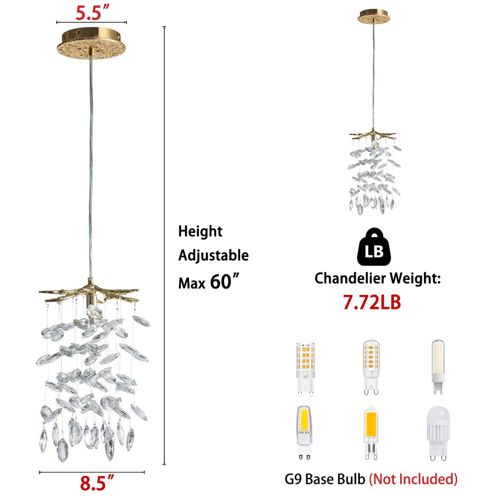 8.3" Crystal Pendant Light Island, Modern Gold Tree Branch Chandelier, Luxury Round K9 Crystal Raindrop Pendant Light