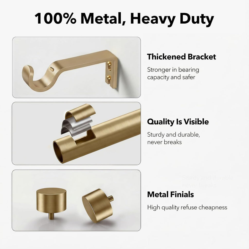 Heavy Duty Brush Gold Curtain Rods for Windows, 1 Inch Brass Curtain Rod Adjustable with Metal Modern
