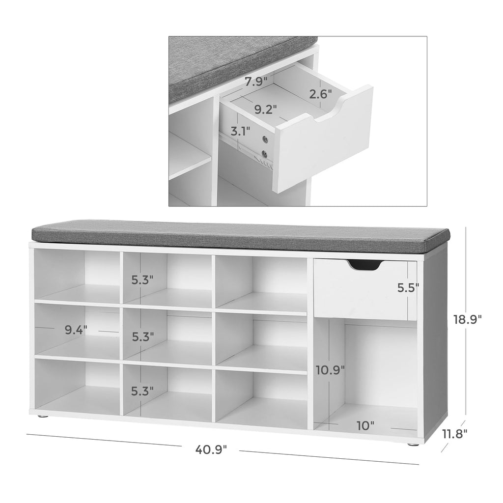 Shoe Bench with Cushion, Storage Bench, 10 Compartments