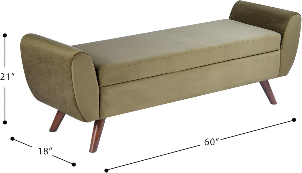 60" Modern Storage Bench with Wood Legs - Light Sage Green Velvet