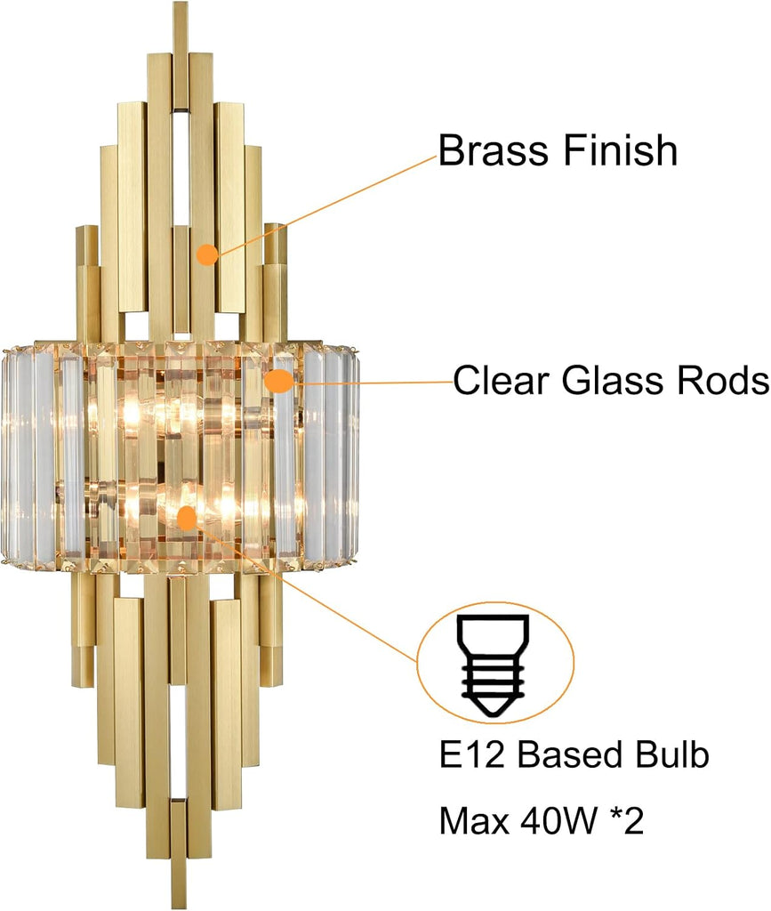 Modern Wall Sconces 2-Light Brushed Gold Wall Sconces Crystal Wall Light for Living Room Bedside Stairway Hallway
