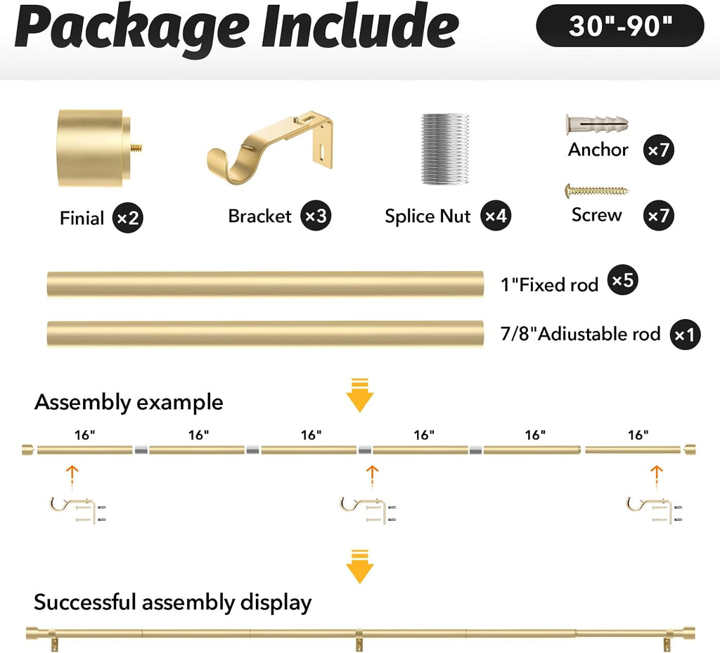 Gold Curtain Rods for Windows, 1 Inch Adjustable Heavy Duty Easy Install Curtain Rods Set (Gold, 30"-90")