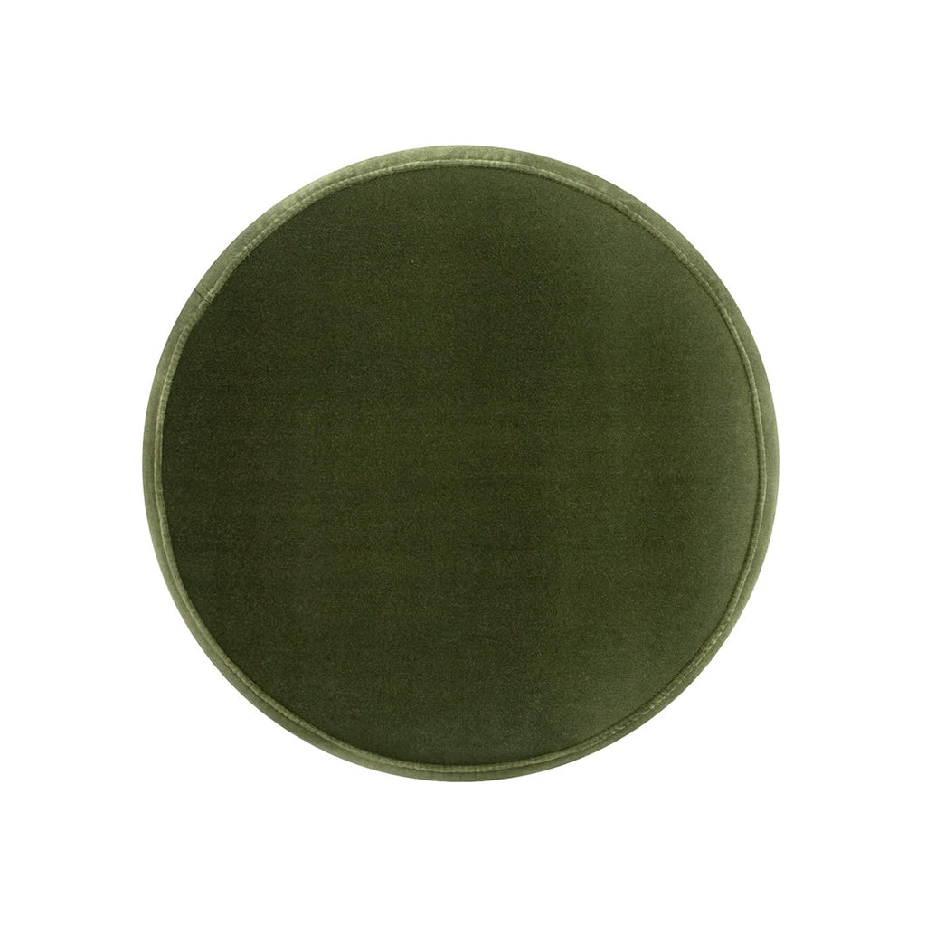 Edward 17.5" Round Upholstered Ottoman with Bullion Fringe, Olive Green Performance Velvet