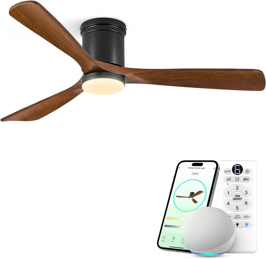 60 Inch Smart Flush Mount Ceiling Fan with Light, Low Profile Ceiling Fan with 3 Solid Wood Walnut Blades, Dimmable LED, Ultra Quiet DC Motor, Alexa & Remote Control, Indoor Outdoor, Walnut
