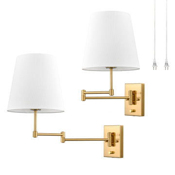Gold Swing Arm Wall Lamp Brass Wall Sconces with Linen Shade