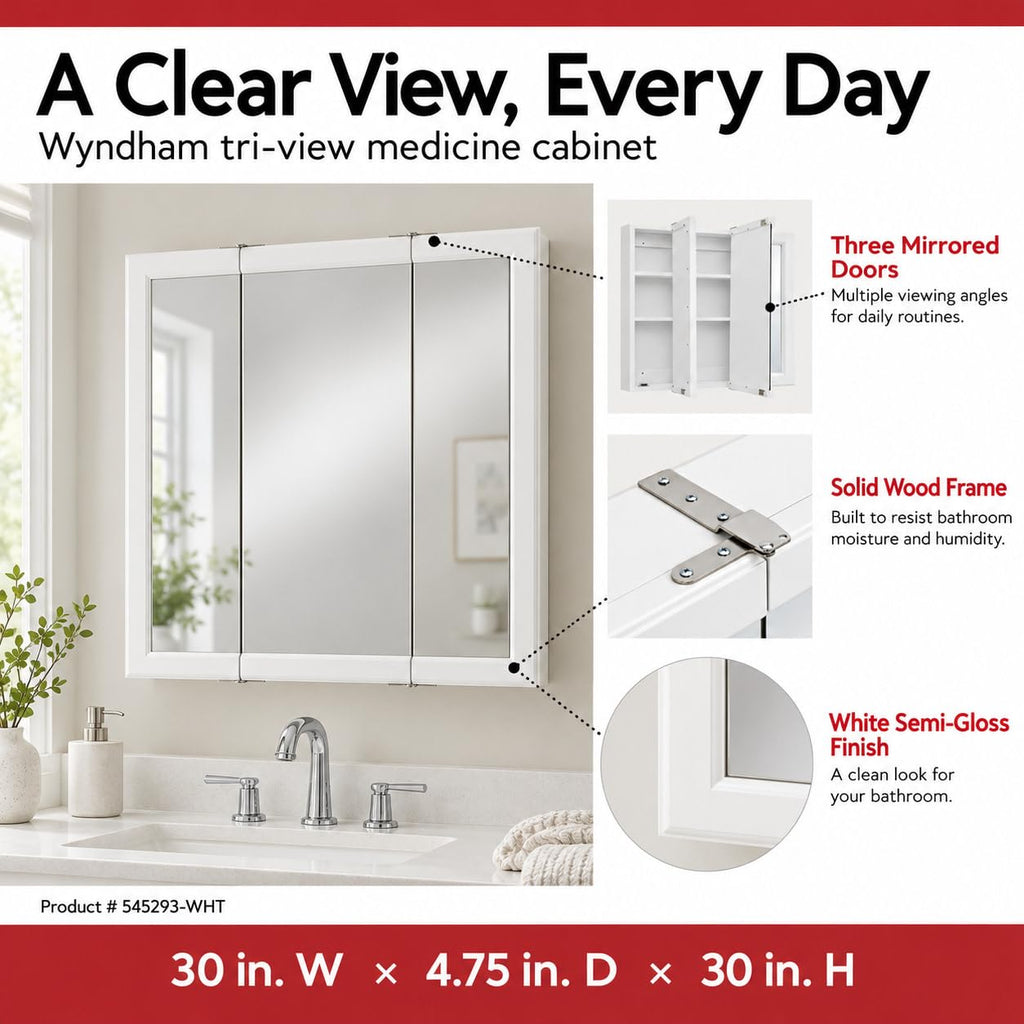 Wyndham Tri-View Medicine Cabinet, 30", White