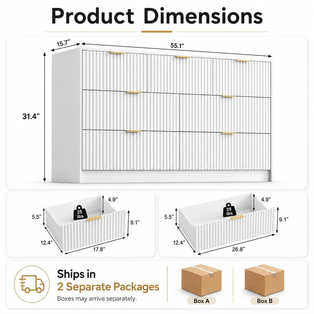 White 7 Drawer, 55.1" Wide Fluted Wood
