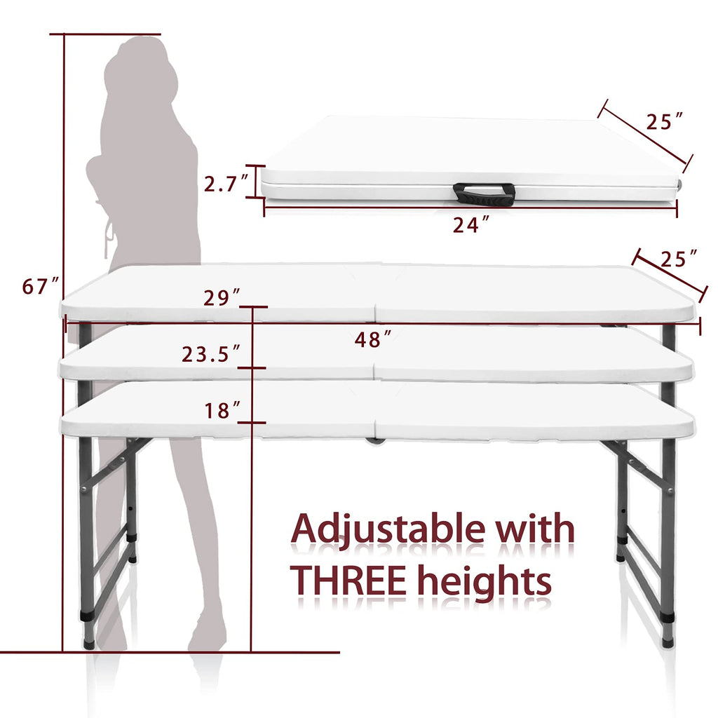 4FT Folding Utility Table, Height Adjustable, Fold-in-Half with Handle