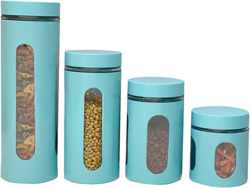 Kitchen Canisters Set For Countertop By | Retro-Styled Canisters Counter | Stainless Steel and Glass, See-Through - Set of 4