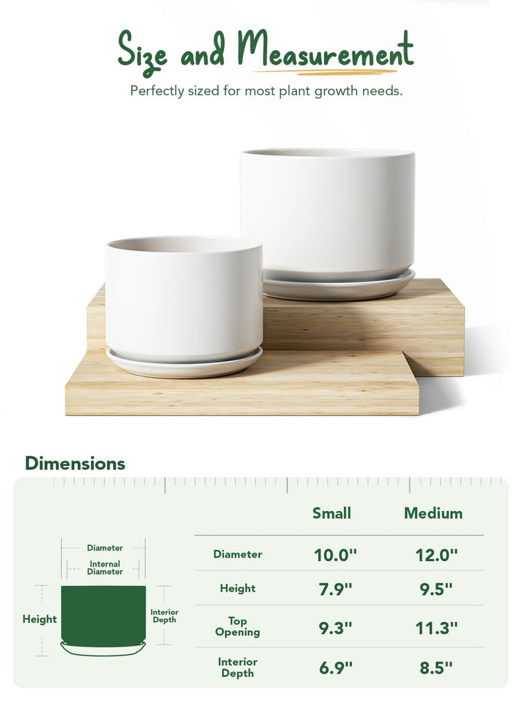 10 + 12 Inch Ceramic Plant Pots, Set of 2, White