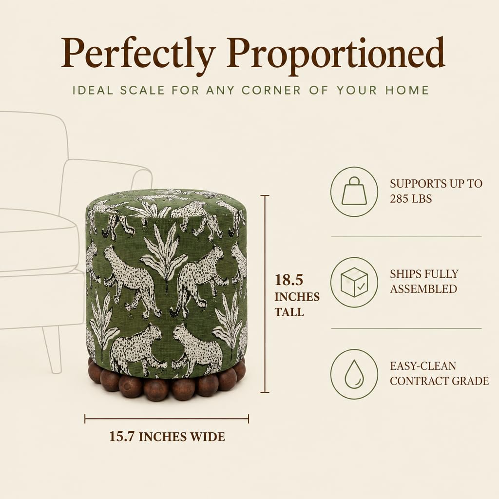 Dex Small Round Ottoman, Leopard Jacquard, Olive Green