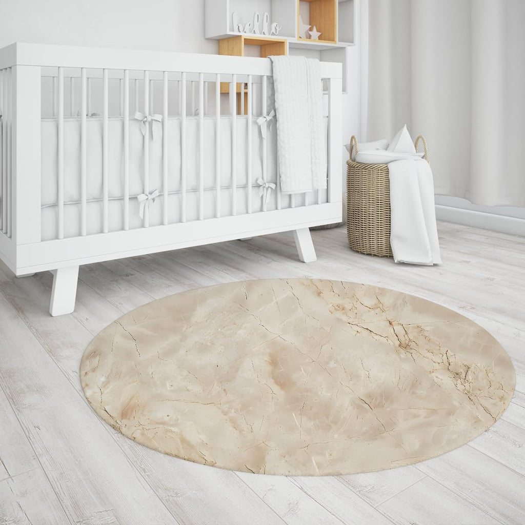 Scandi Washable Round Rug Non-Slip Neutral Stone Cracks Veins Circle Accent Rugs Modern Marble Beige 4ft
