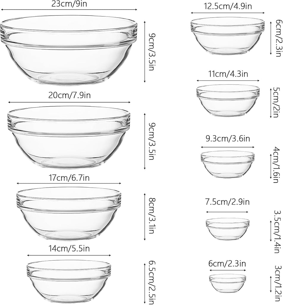 9Pcs Glass Mixing Bowls, Clear Salad Bowl Glass Prep Stackable Nesting Bowls Dessert Salad Dips Cereal Ice Cream