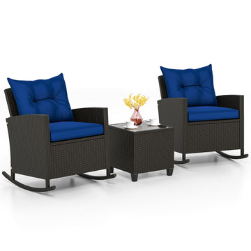 3 Piece Patio Furniture Rocking Bistro Set, Wicker Outdoor Rocking Chairs & Glass Table, PE Rattan Conversation Set