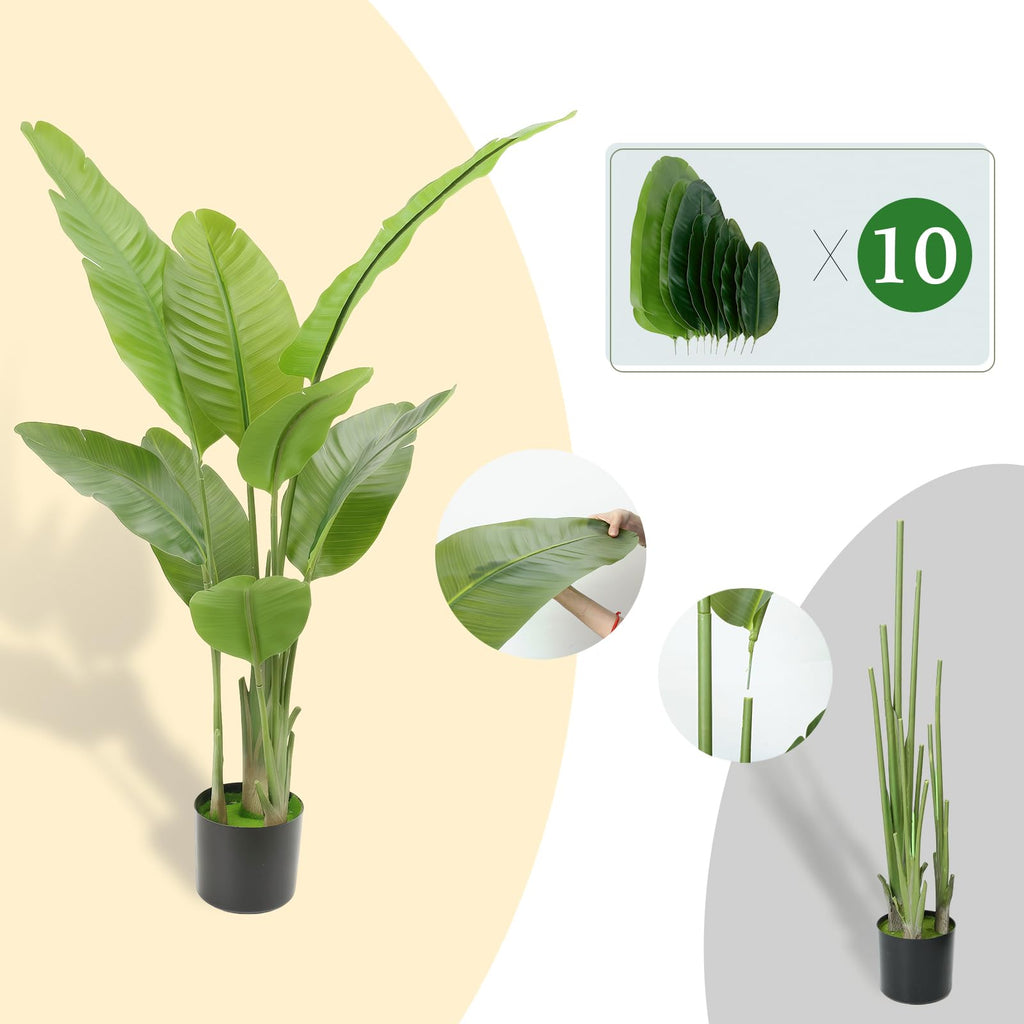 5.3FT Artificial Bird of Paradise Plant, Faux Artificial Trees, Tall Fake Realistic Tree, 10 Trunks Silk Leaf Plant