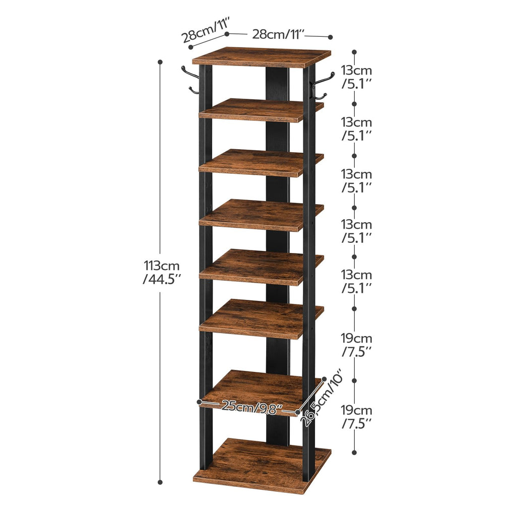 8 Tiers Vertical Shoe Rack, Wooden Shoe Storage Organizer with Hooks, Narrow Shoe Tower for 8 Pairs, Space Saving