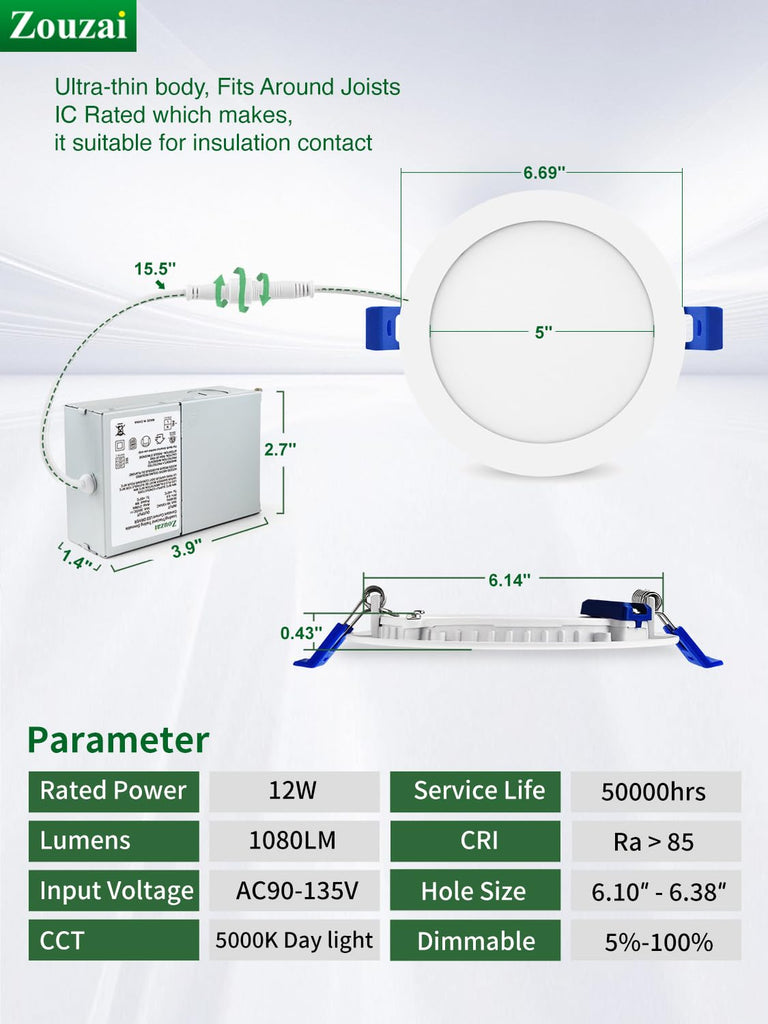 12 Pack 6" LED Recessed Lighting, 5000K Daylight, 12W=110W, Dimmable
