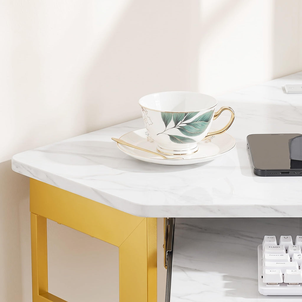 Corner Desk, Triangle Computer Desk for Small Space with Charging Station and Keyboard Tray, Corner Makeup Table with