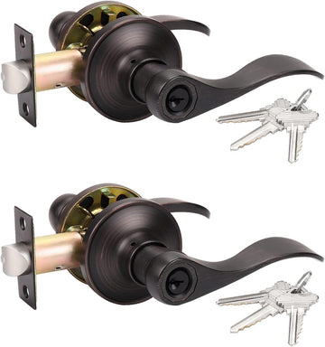 2 Pack Bronze Door Knobs, Exterior Door Handle Levers for Gate/Front Doors, Rubbed Brush Entry Door Handle with Lock