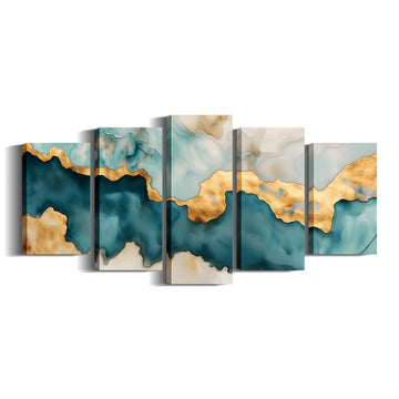 5 Panel Teal Wall Art Abstract Decor Teal & Gold Swirl Picture Modern Painting Fluid Serenity Canvas Prints Home