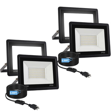 50W Flood Lights Outdoor, Bright LED Work Light, IP66 Waterproof Outdoor Lights with Switch and 6.5FT Plug, 6500K