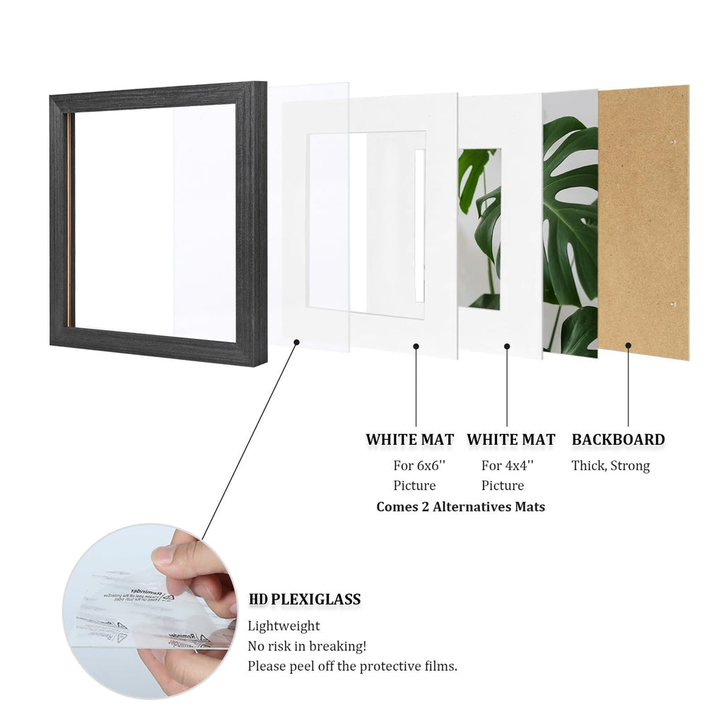8x8 Picture Frames Made of Solid Wood with Plexiglass, Display Pictures 4x4/6x6 with Mat or 8x8 Without Mat Set of 4