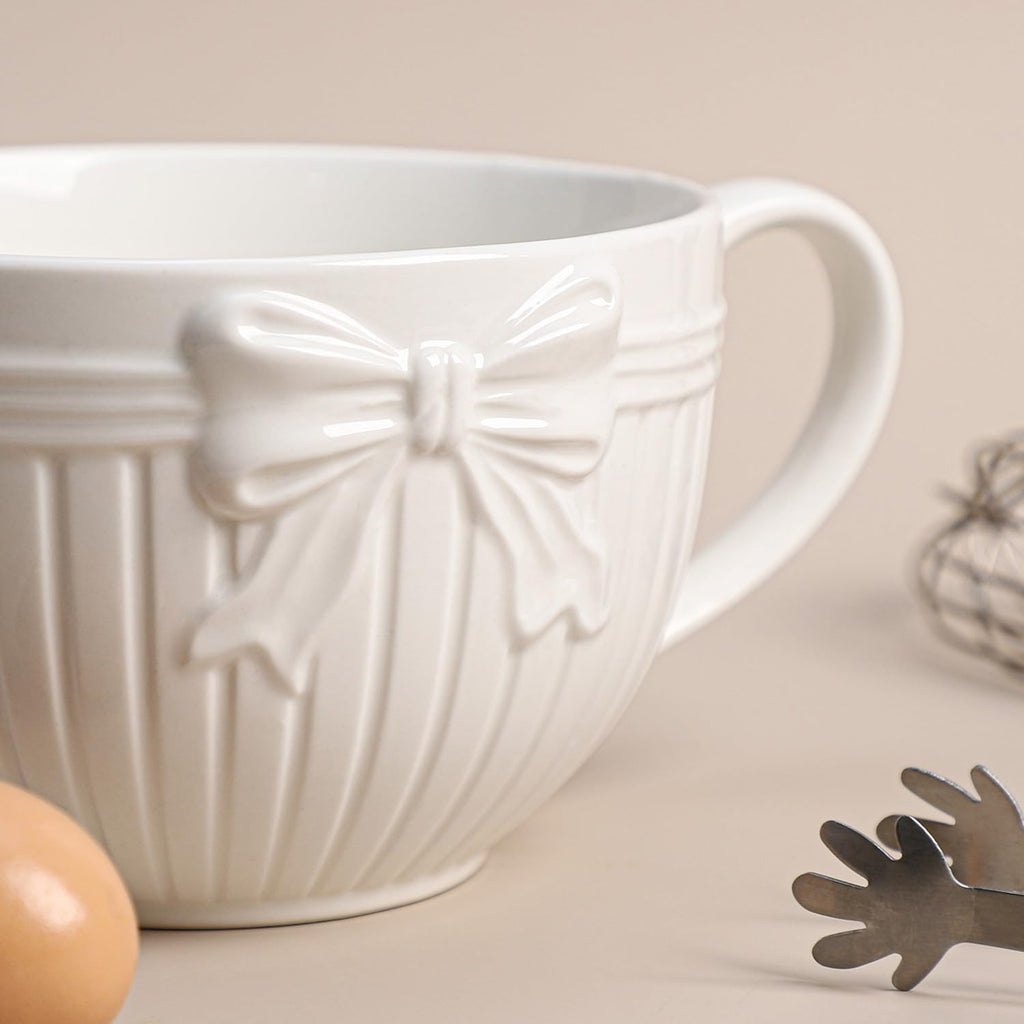 Bow Embossed Ceramic Mixing Bowl, 1 Quart Batter Bowl, with Pouring Spout and Handle, White