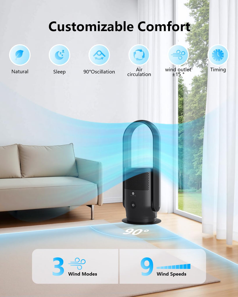 Bladeless Tower Fan and Air Purifier Combo, Quiet Oscillating Fan with Remote & Touch Control, 9 Speeds, 8H Timer