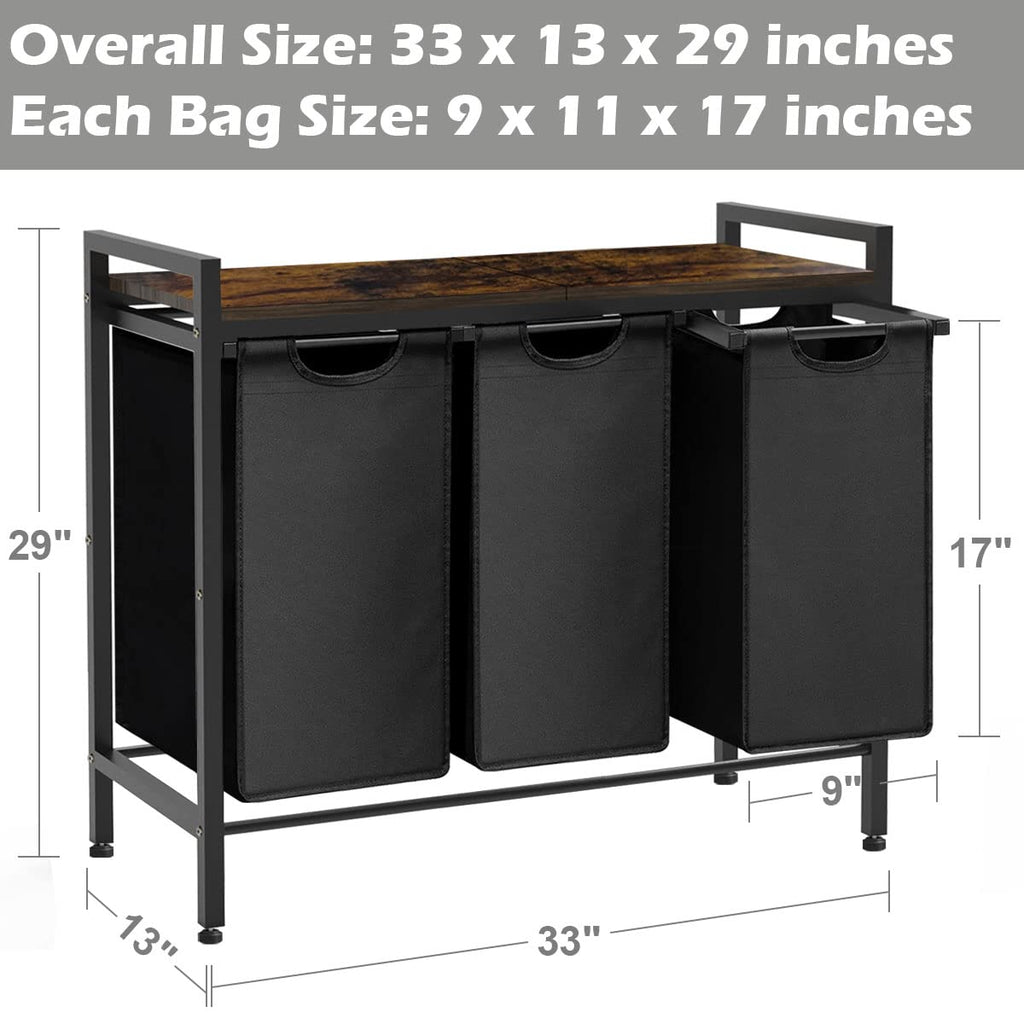 Large Laundry Hamper Sorter with 3 Removable & Pull-Out Sorting Bags, Wooden Top Shelf, Versatile Laundry Basket