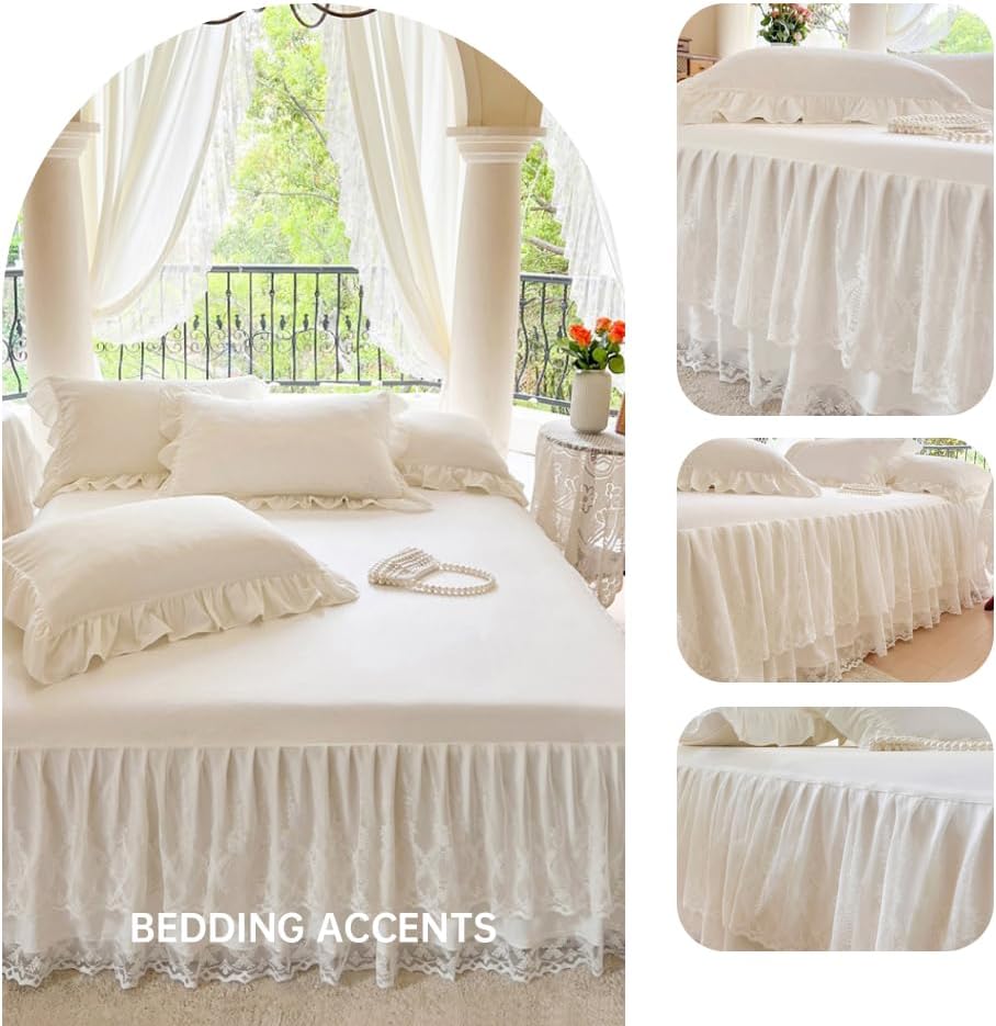 Floral Stereo Lace Bed Skirt for King Bed - 17in. Drop, Dust Ruffle Bedskirt Anti Wrinkle & Fade Resistant