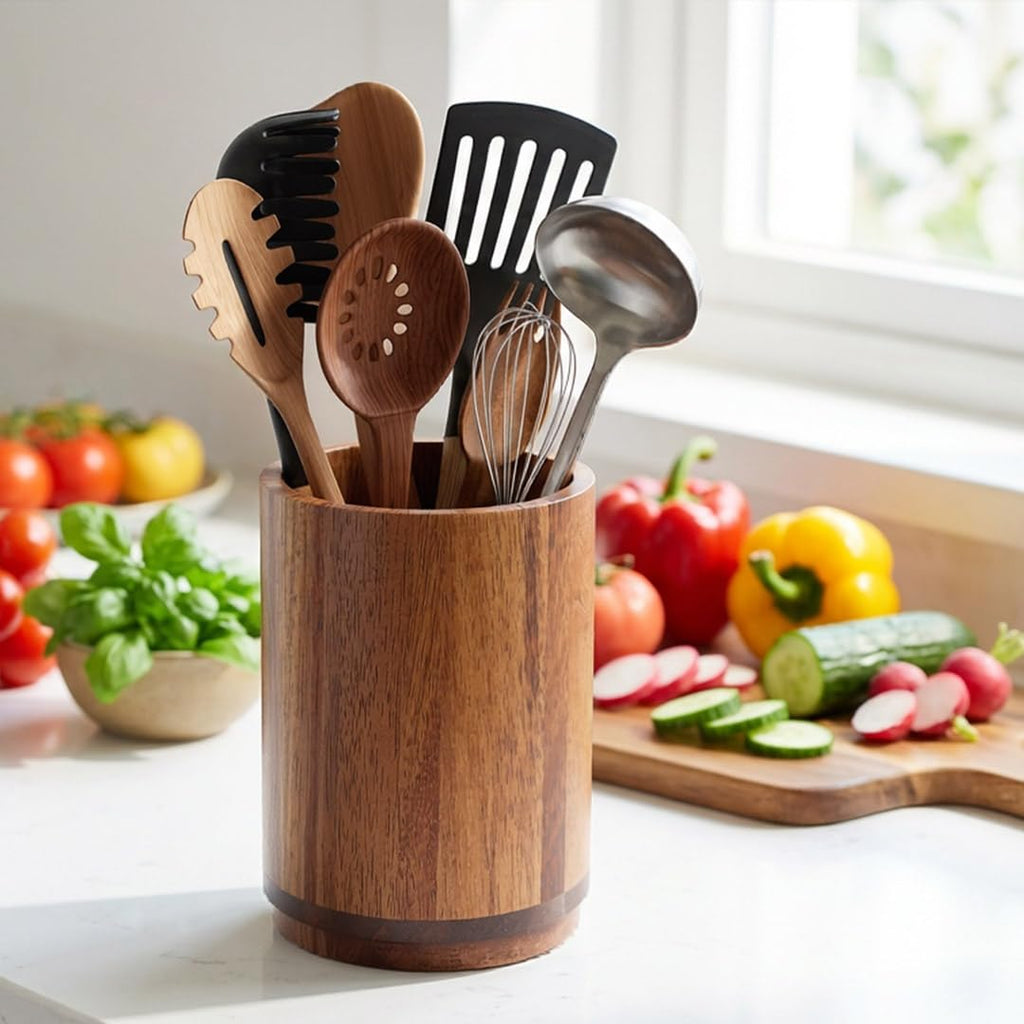 Utensil Holder, Acacia Wood Kitchen Utensil Holder for Countertop, 360°Rotating Cooking Utensil Crock Counter, 7.2"
