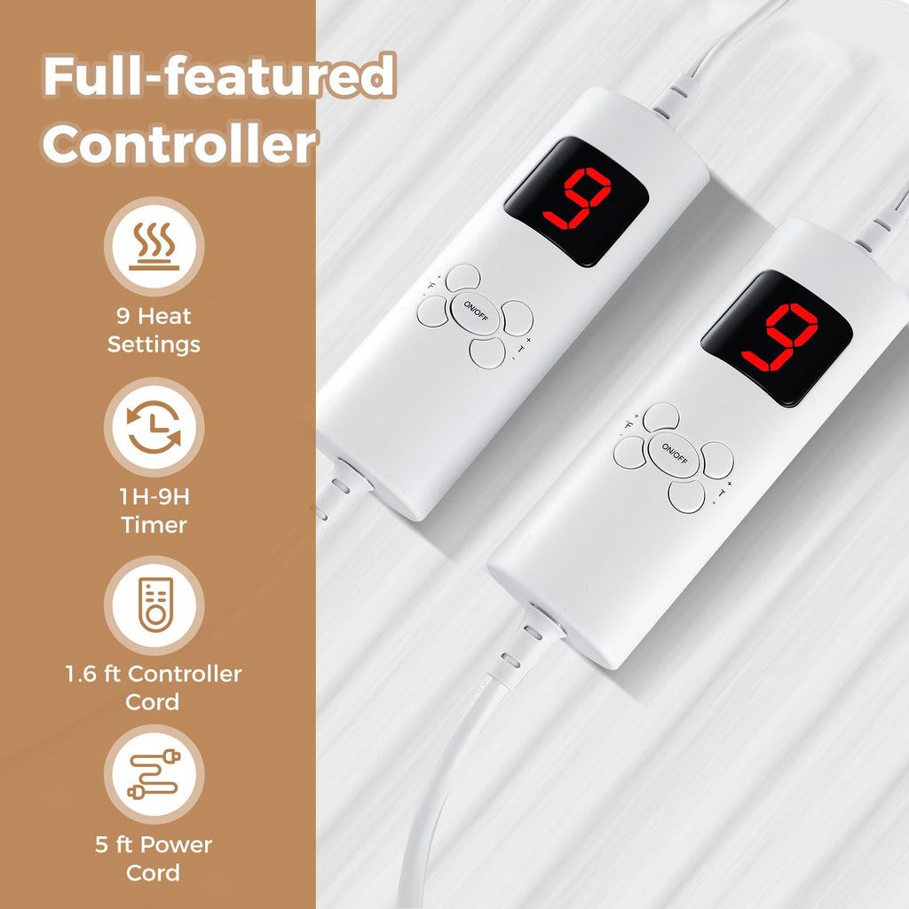 Heated Mattress Pad, Dual Control Electric Mattress Pad Bed Warmer with 9 Heat Settings & 9H Auto Shut-Off