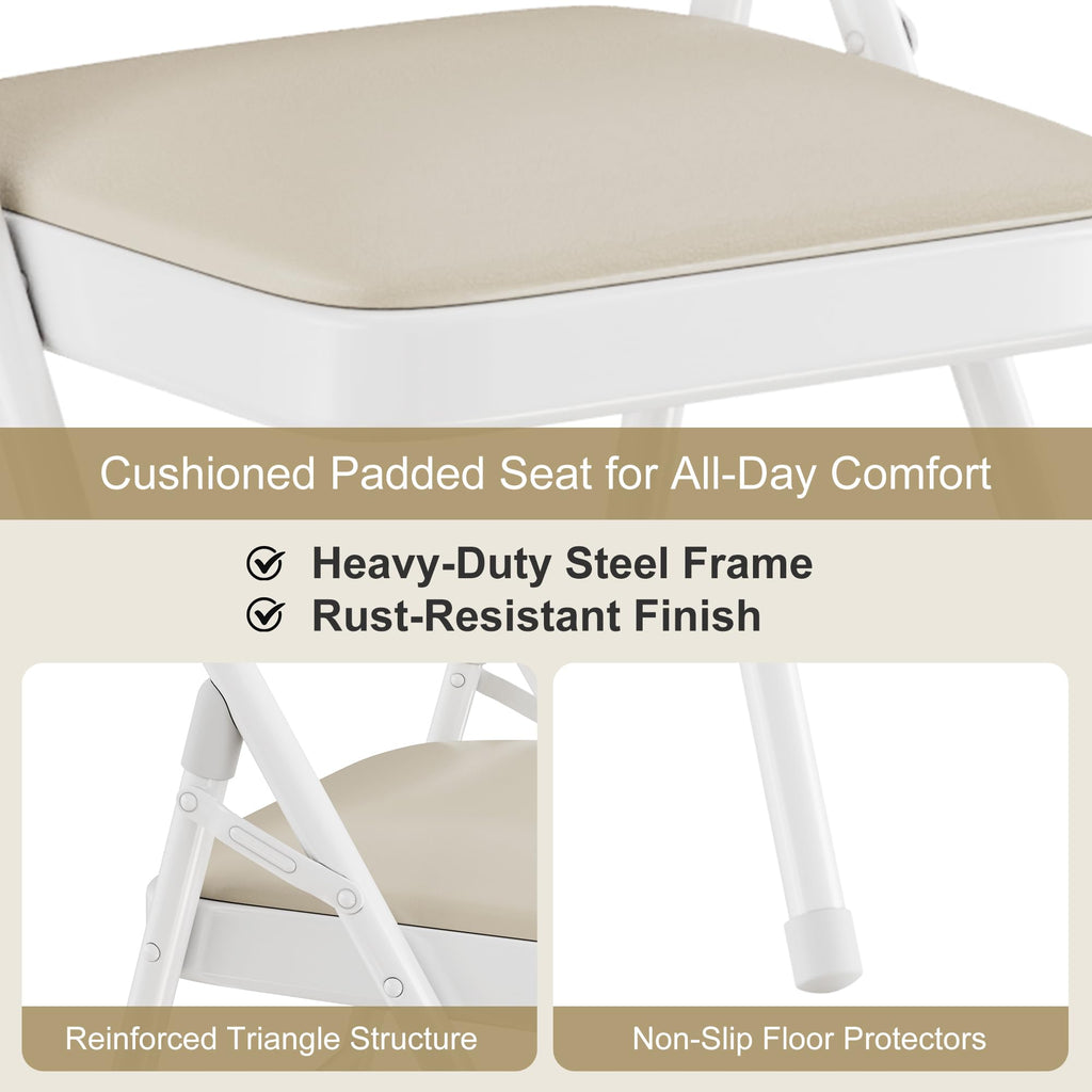 Folding Chairs Set of 2, Faux Leather Padded, Beige