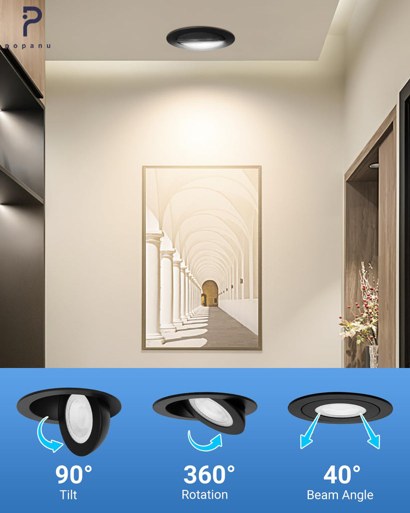 6 Inch Gimbal LED Recessed Lights 6 Pack,5CCT Canless Light Black