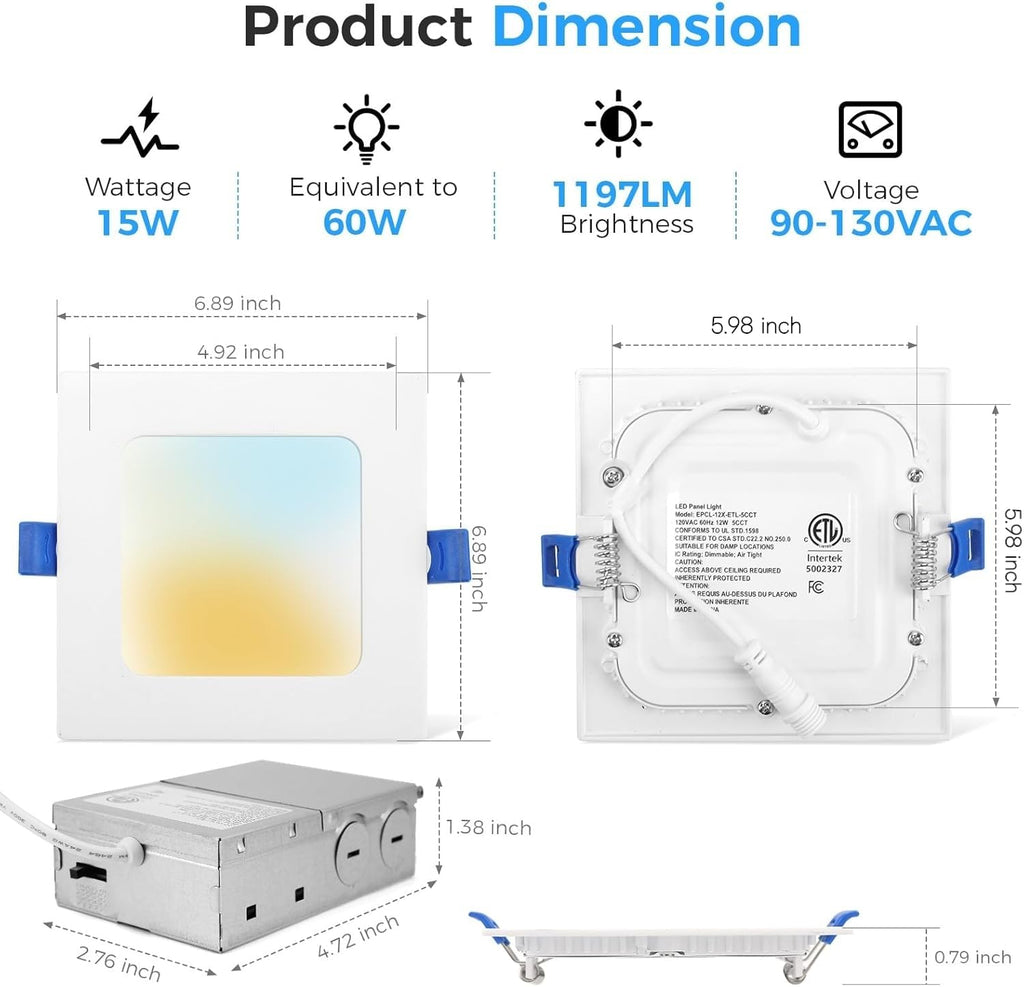 12 Pack 6 Inch Square LED Recessed Lighting, 5CCT, 15W, Dimmable