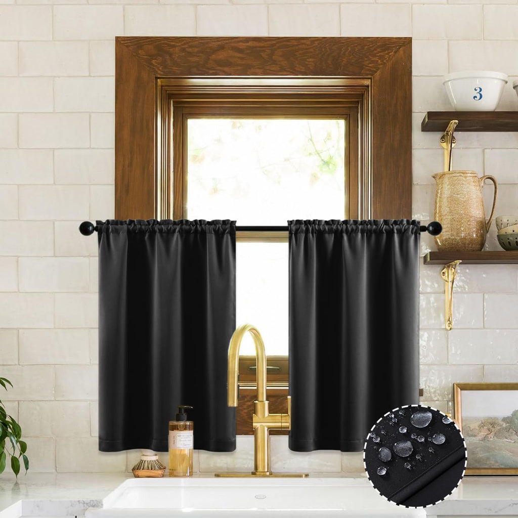 Bathroom Curtains Window Short, Small Waterproof Blackout Cafe Curtain 36 Inch Length, Set of 2, Black