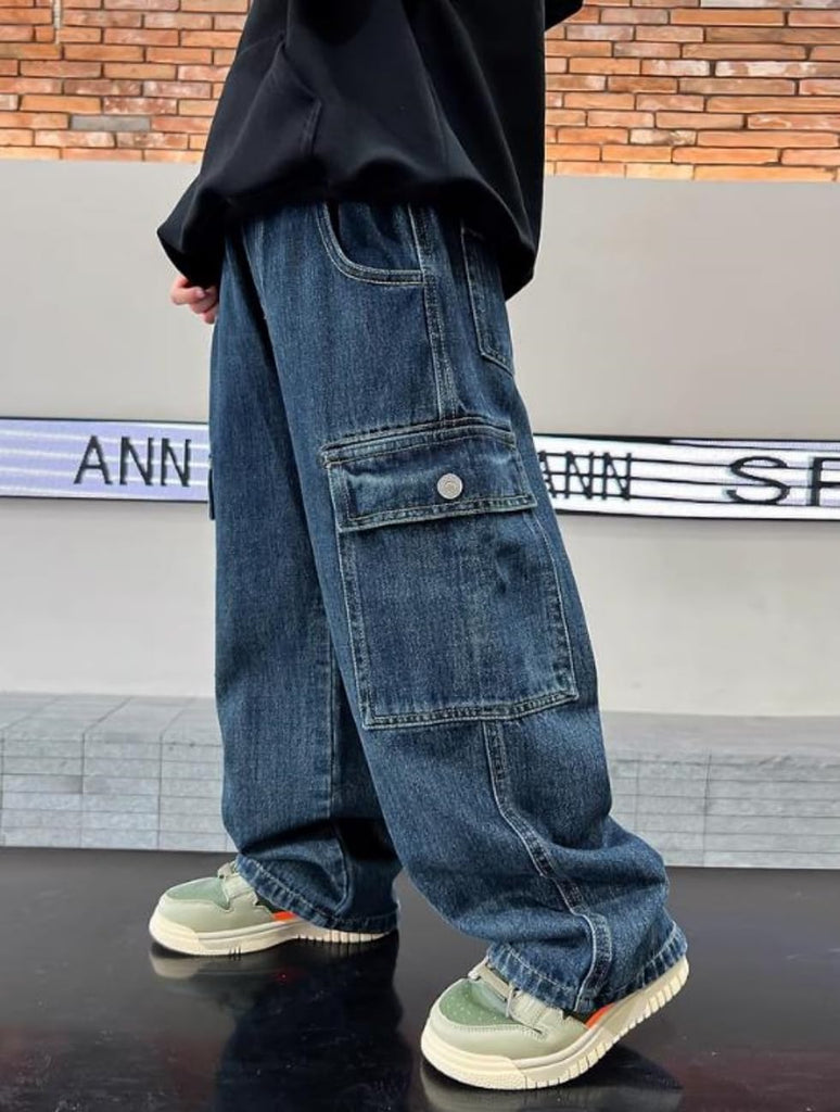 Boy's Baggy Jeans Straight Leg Denim Pants with Pockets