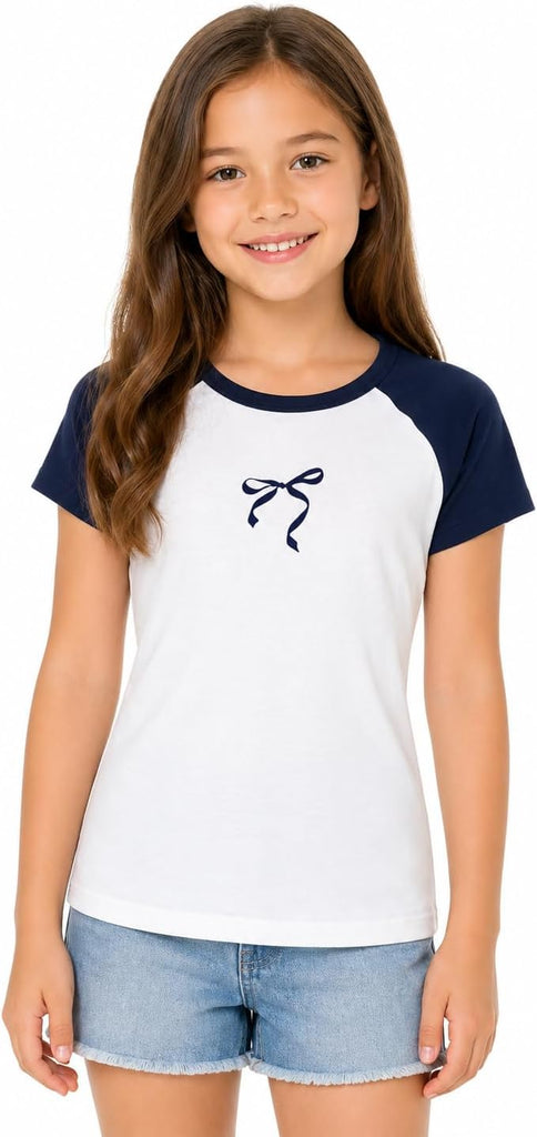 Girls Shirts Short Sleeve Bow Graphic Tees Summer Tops