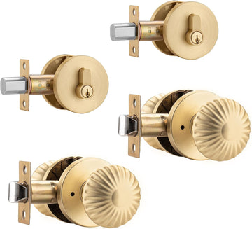 2 Pack Brushed Gold Exterior Door Lock Set, Front Door Knob with Deadbolt