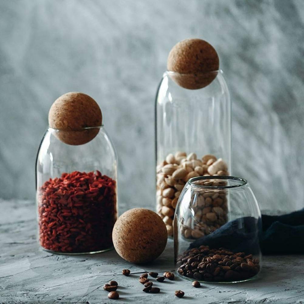 40Oz Clear Glass Storage Cute Canister Holder Ball Wood Cork Top, Modern Decorative Cylinder Container Jar