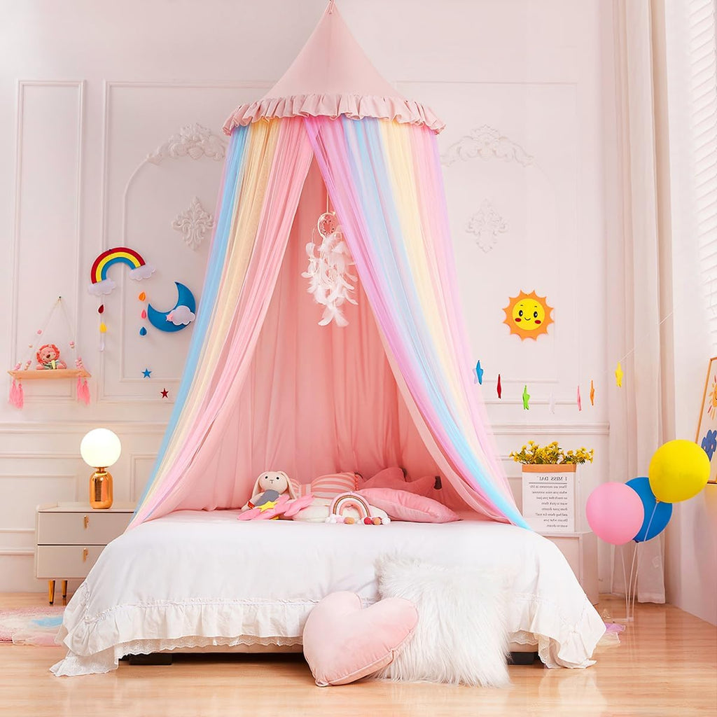 Rainbow Bed Canopy for Girls Dreamy Mosquito Net for Bed Round Dome Princess Bed Canopy Girl Room Play Tent Canopy