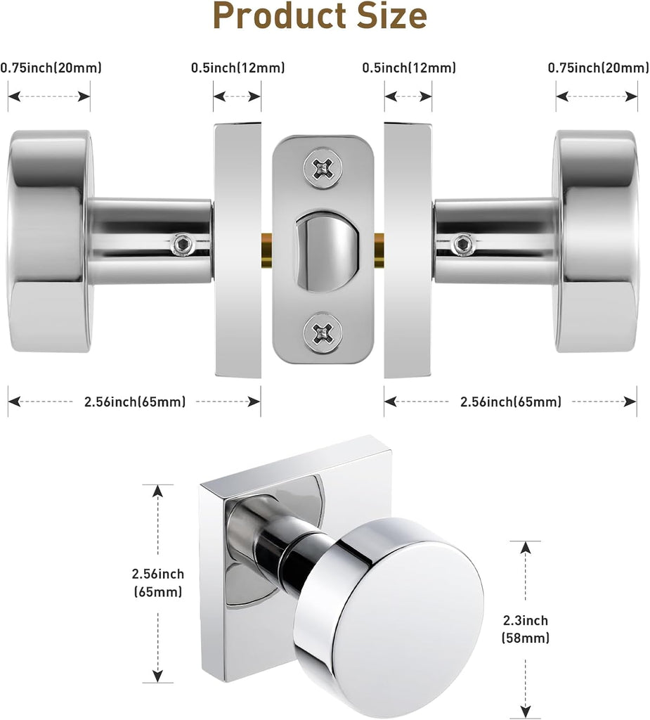 Polished Chrome Passage Door Knobs Interior, Heavy Duty Square Door Knobs Modern Door Handle for Hall Closet