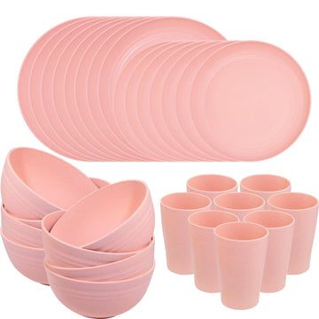 32Pcs Pink Plates and Bowls Sets for 8, Unbreakable Dinnerware