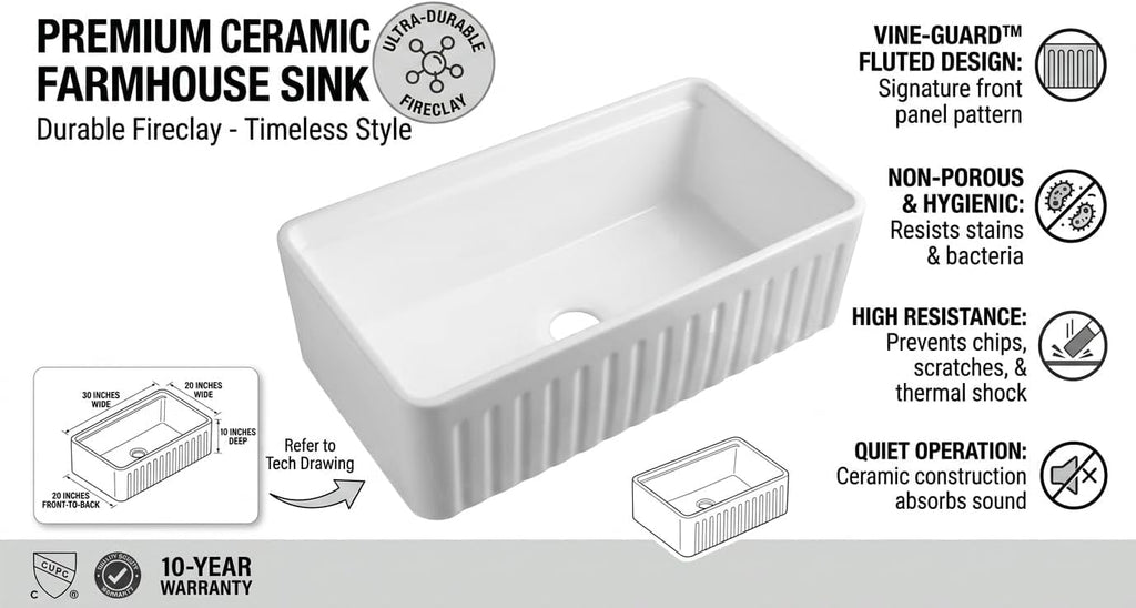 33-inch White Single Bowl Farmhouse Kitchen Sink Countertop with Vertical Double Bowl - Includes Drain and Drain Rack